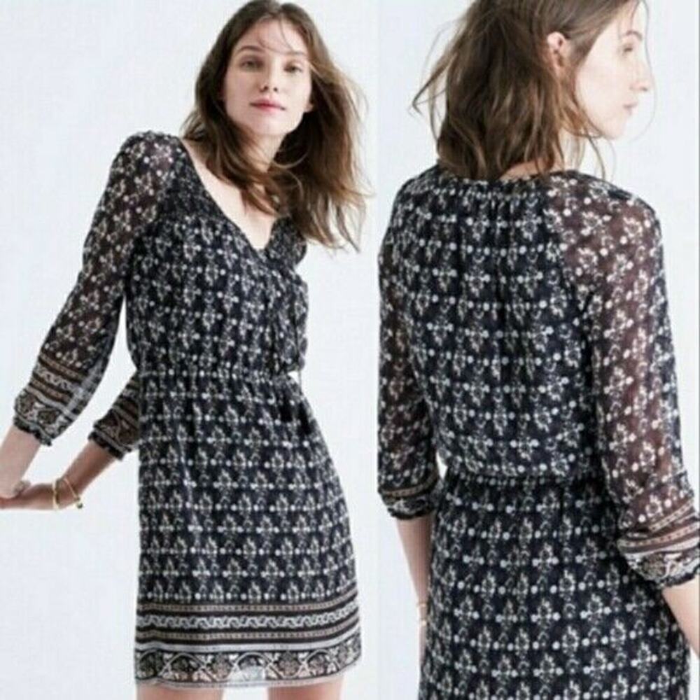 MADEWELL | sz 10 Womens Black/Cream Floral Long Sleeve Peasant Woodland Dress